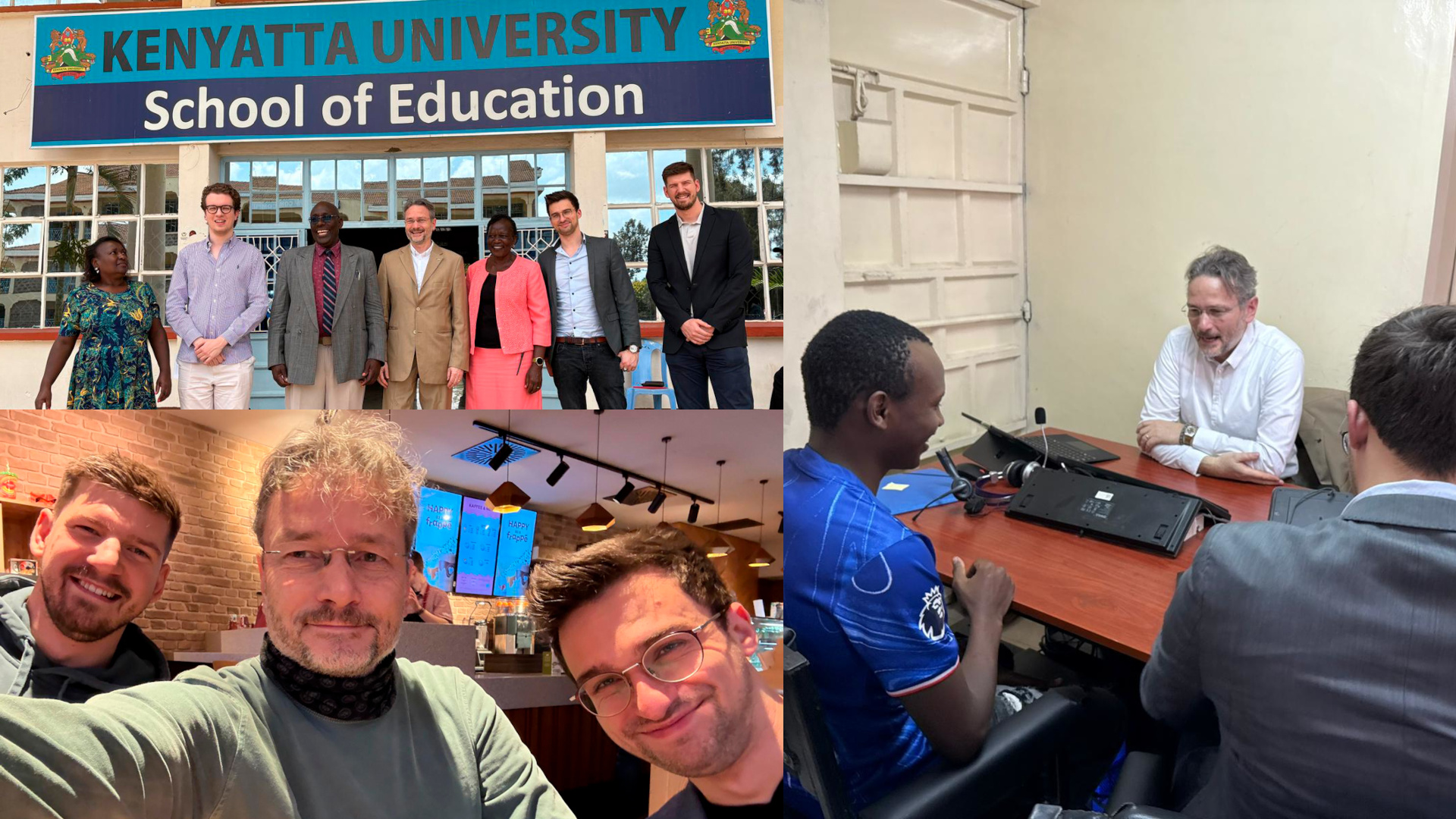 Collage of photos showing academic collaboration and meetings at Kenyatta University School of Education.
