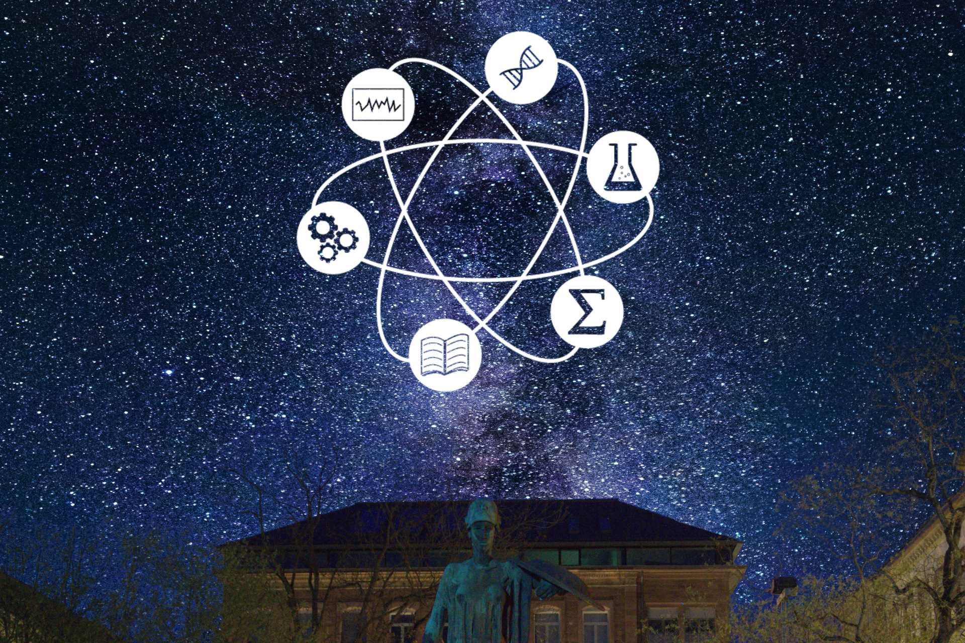 Sechs Symbolde der Wissenschaft, wobei im Hintergrund ein sternenbedeckter Nachthimmel abgebildet ist.